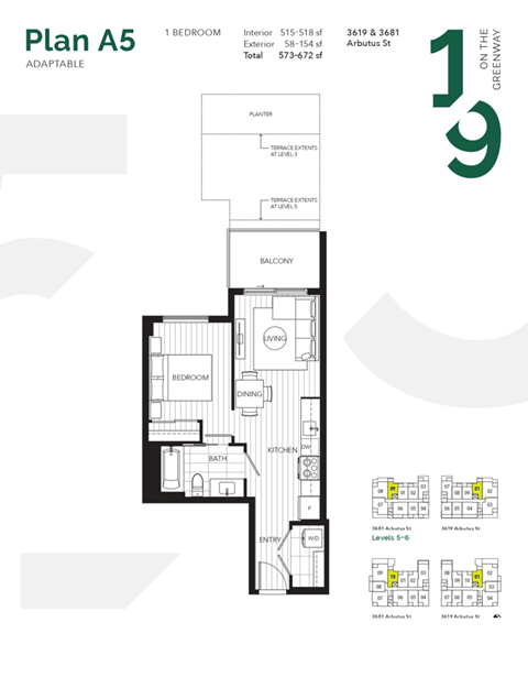 Floor plan for 1 bed, 1 bath, 518 sqft